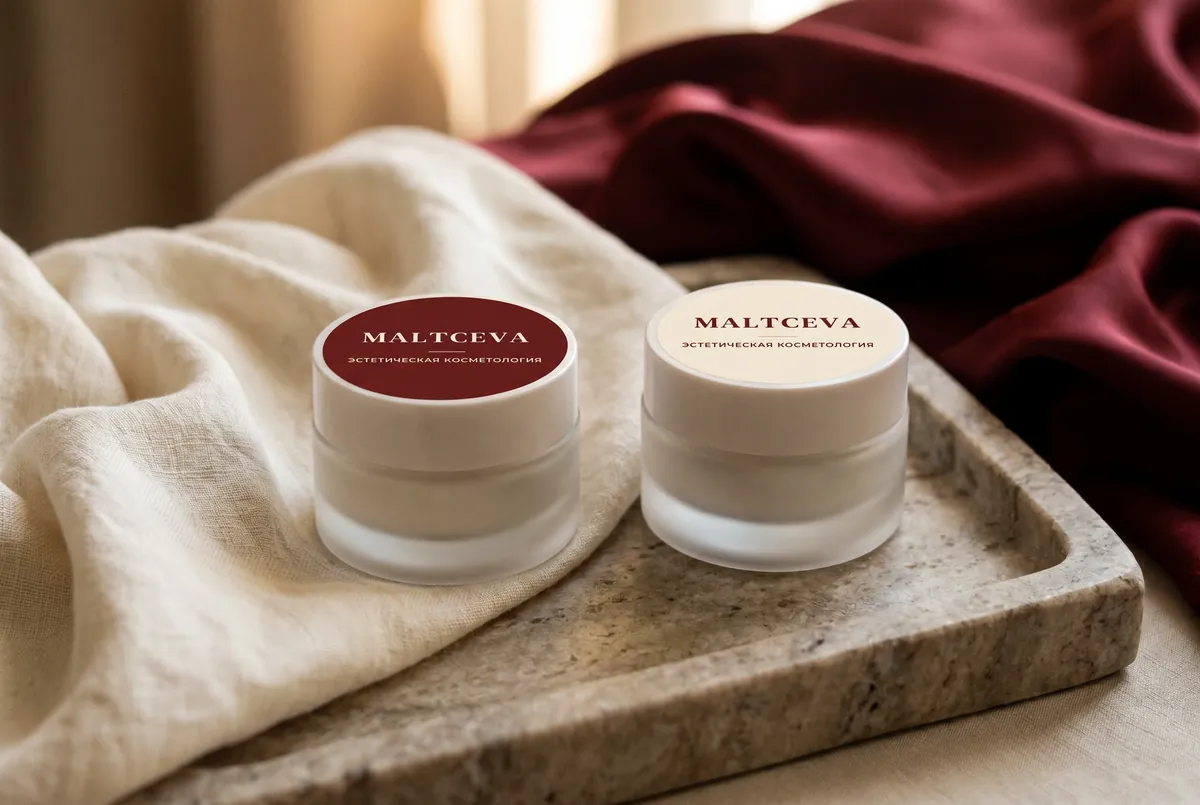 Косметические баночки с наклейками MALTCEVA, визуализация